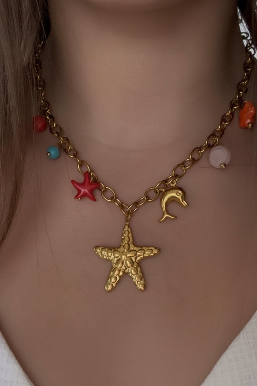 Collier bohème doré étoile de mer et dauphin - Aleca Jewelry